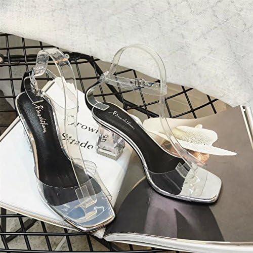 2017 summer transparent high-heeled fish mouth sandals, sexy word with bare toes, coarse heel crystal shoes female,Thirty-six,silvery