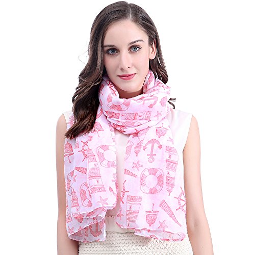 Lina & Lily Voyage Icon Set Print Large Scarf Shawl (White and Coral)