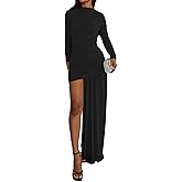 Kwunbwa Women’s Long Sleeve Ruched Maxi Dress Sexy Irregular Elegant Bodycon Party Gowns Cocktail Long Dresses