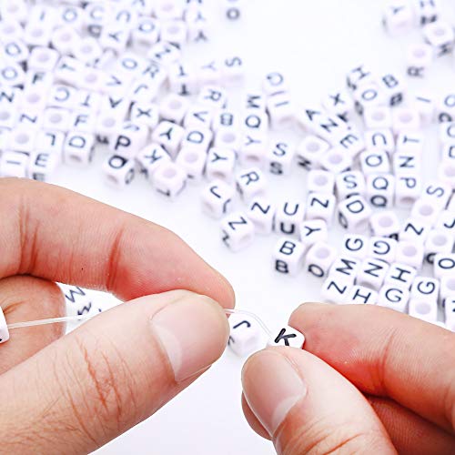 Letter beads alphabet beads for kids kandi beads for jewelry making supplies 600Pcs white acrylic alphabet letter A-Z cube beads for bracelets necklace key chains and kids jewelry elastic stretch cord