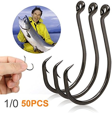 Fishing Octopus Hooks, iwolkon Offset Circle Extra Sharp Black High Carbon Steel for Saltwater Boat Fishing 1/0-10/0 50 Pack (1/0)