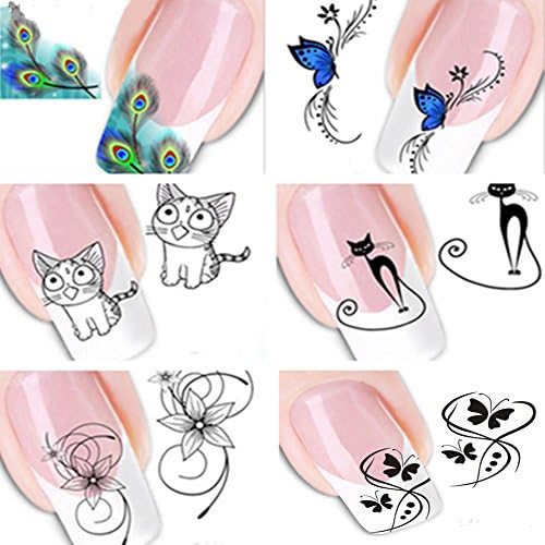 Nail Art Stickers Watermark 6 Pcs DIY Peacock feather,Cat,Flowers,Butterfly, Blue,Black