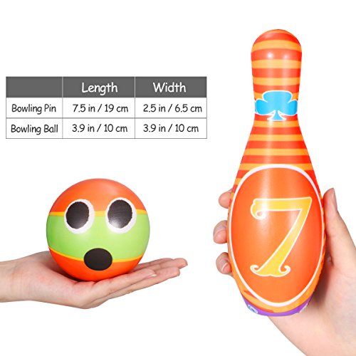 iBaseToy Kids Bowling Toy Set, Foam Ball Toys, Indoor Outdoor Bowling Games for Children/Toddlers/Boys/Girls for Early Development/Sport/Preschool (10 Pins & 2 Bowling) - Thumbnail 3