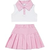 LXXIASHI 2PCS Toddler Skirt Sets Baby Girls Lapel Sleeveless Button Vest Shirt + Solid Pleated A-line Dress Clothes