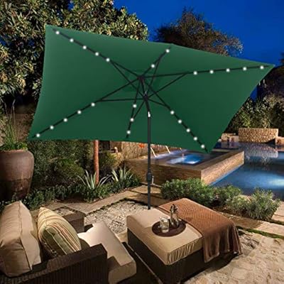 Amazon Com Abccanopy Rectangular Patio Umbrella Solar Powered Outdoor Umbrellas Market Table Umbrella With 26 Led Lights Tilt And Crank For Patio Deck And Pool 6 6 By 9 8 Ft Forest Green Garden Outdoor