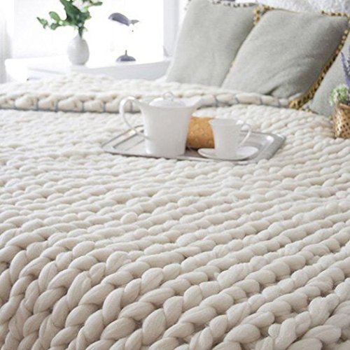 Han Shi Knitted Blanket, Soft Thick Hand-Made Yarn Bulky Knitting Warm Sofa Bed Yoga Mat Rug 100X80cm (Beige, L)