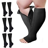 3 Packs Plus Size Compression Socks with Zipper, Knee High 15-20 mmHg for Women Men, Open Toe Support Socks for Veins