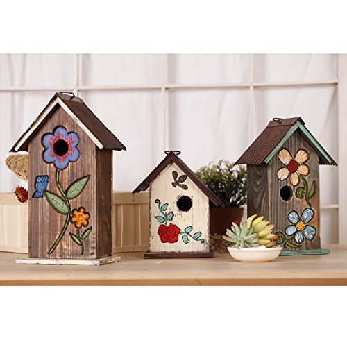 CEDAR HOME Hanging Bird House Outdoor Garden Patio Decorative Resin Pet Cottage Carved Bouquet Wooden Birdhouse, Brown