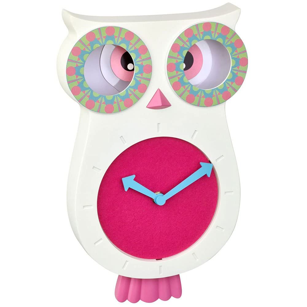 TFA Dostmann Lucy 60.3052.02 Children's Analogue Wall Clock Silent Owl Shaped Pendulum Clock Ideal for Nursery Playroom Girls Boys Pink