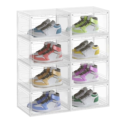SONGMICS LSP508W01 Set of 8 Shoe Storage Boxes Transparent Plastic Shoe Organiser with Door Stackable 33 x 28.5 x 19.3 cm for Shoes up to Size 46 White Transparent
