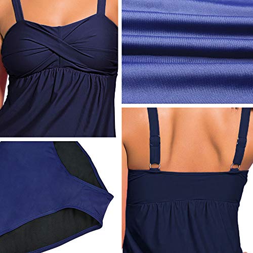 ZNCMRR Women's Solid Ruched Tankini Top Swimsuit with Triangle Briefs Plus Size (XL, Blue)