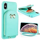 iPhone Xs Max Wallet Case, ZVEdeng iPhone Xs Max Case with Credit Card Holder Leather Wallet with Wrist Strap Zipper Pocket Handbag Purse Shockproof Case for Apple iPhone Xs Max 6.5'' 2018 Mint Green