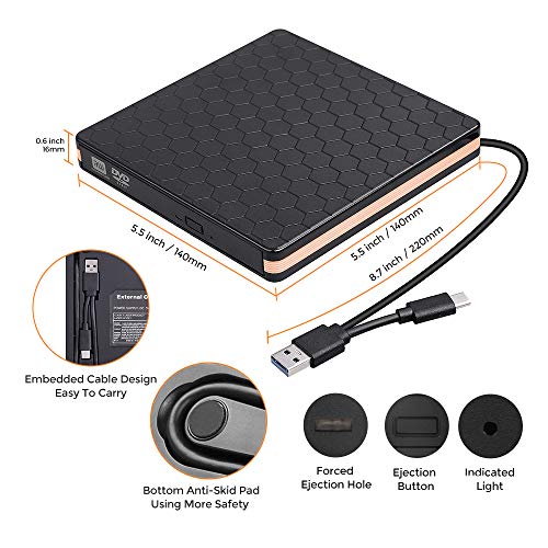 External CD Drive, Optical Drive with USB 3.0 & Type-C for VCD/DVD/CD -ROM/ -R/ +R /-RW Burner/Reader/Writer, Compatible for Windows/Linux/MAC OS (Orange-a)