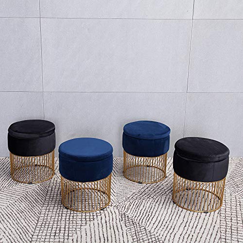 Simhoo Velvet Upholstered Round Vanity Stool/Dressing Makeup Piano Stool with Metal Base-Blue,Ottoman with Storage - Thumbnail 2