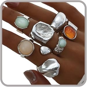 Otxas Chunky Silver Rings for Women Non Tarnish Adjustable Silver Rings Set Statement Thick Ring Vintage Ring Jewelry