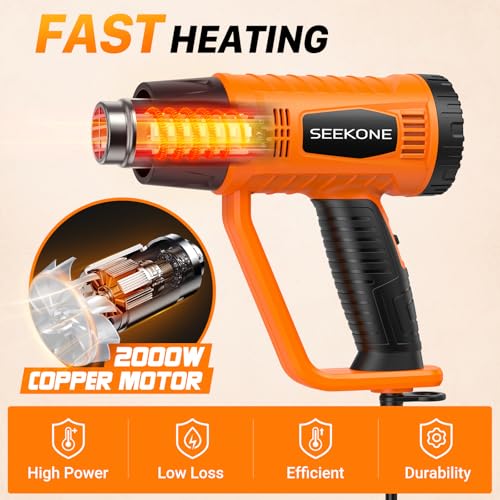 Heat Gun, SEEKONE 2000W Professional Heavy Duty Hot Air Gun Kit 400℃ & 600℃ Dual-Temperature Settings with Flame Retardant Protective Cover, 4 Nozzles for Crafts, Shrinking PVC, Stripping Paint
