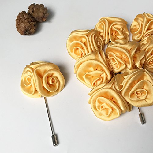 RareLove 12pcs White Lapel Pin Rose Wedding Boutonniere Set for Men Flower (Deep Yellow) - Thumbnail 3