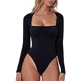 QINSEN Women's Sexy Square Neck Bodysuit Long Sleeve Double Lined Shirt Tops