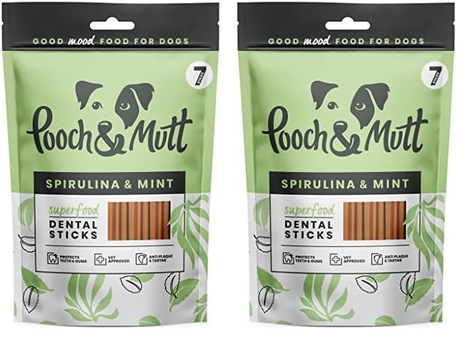 Pooch & Mutt - Superfood Dog Dental Sticks, Spirulina And Mint Flavour Dog Dental Chew, 2 pack of 7 sticks