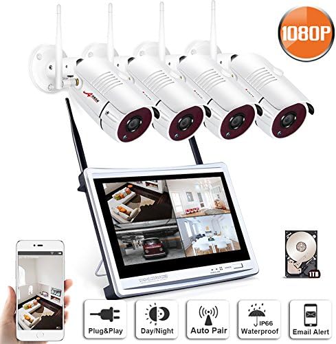 Wireless Security Camera System, ANRAN 4Channel 12Inch Monitor NVR 1080P Home Video Security System with Four 2.0MP Wireless WIFI Indoor Outdoor IP Cameras,Night Vision,App,1TB HDD Pre-installed