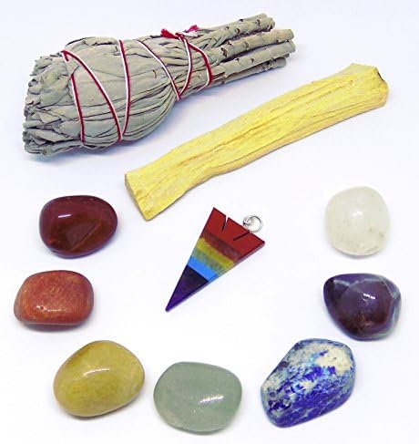 Arrowhead Pendant Chakra Crystals in Gifting Bag with 7 Healing Crystals, White Sage for Smudging, Palo Santo and Instructions - 11 items