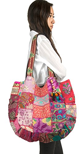 TribeAzure Large Fashion Pink Canvas Shoulder Bag Handbag Unique Tote Quilt Vintage Beach Travel Summer