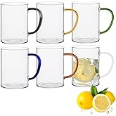 KUNANG 6 Pack Glass Coffee Mugs Set, Clear Coffee Cups with Colorful Handles, Tea Glasses, Drinking Glasses Perfect for Latte, Cappuccino, Tea, Juice