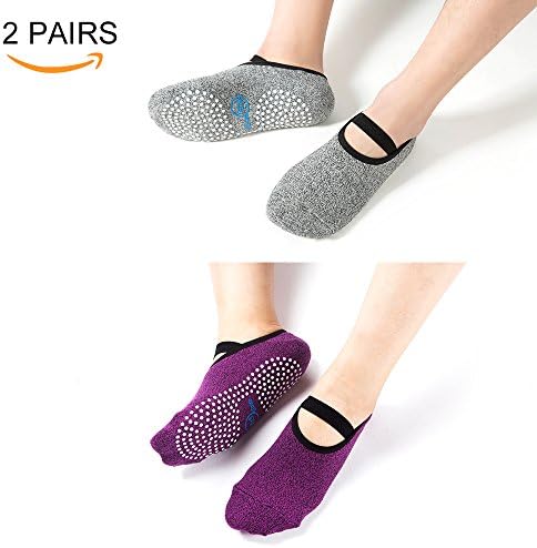 Yhao Non Slip Skid Yoga Pilates Socks with Grips Cotton for Women and Men Pilates, Fitness, Barre, Dance (1 Purple+1 Grey)