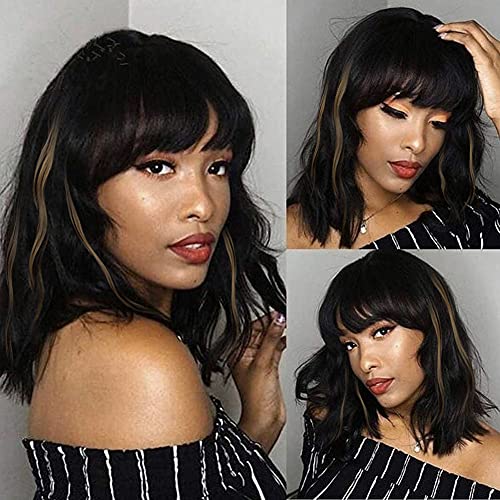 UHIBROS Short Wavy Wigs Black Highlight With Natural Bangs Shoulder Length Wig For Women Ladies Synthetic Heat-Resistant For Party Daily (Black Mixed Brown )