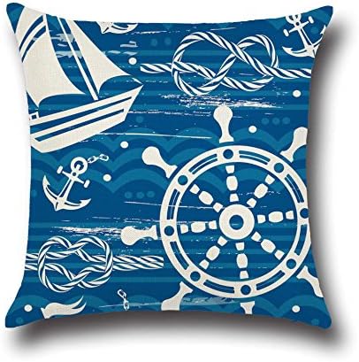 DECORLUTION Blue Rudder Sailboat Pattern 18x18 Inch Cotton Linen Standard Size Throw Pillow Case Cushion Cover for Home Sofa Decorative Durable Square Pillow Covers Cases Pillowcase