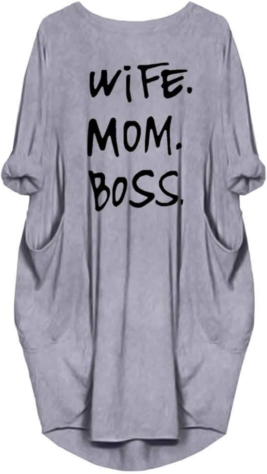 Women’s Wife Mom Boss Tunic Dress Long Sleeve Oversize Baggy Causal Loose Dress with Big Pockets