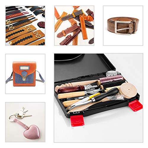 JOYPEA Leather Craft Hand Tools Kit 59 Pieces for DIY Hand Sewing Leather Artwork Stitching Stamping Set and Saddle Making