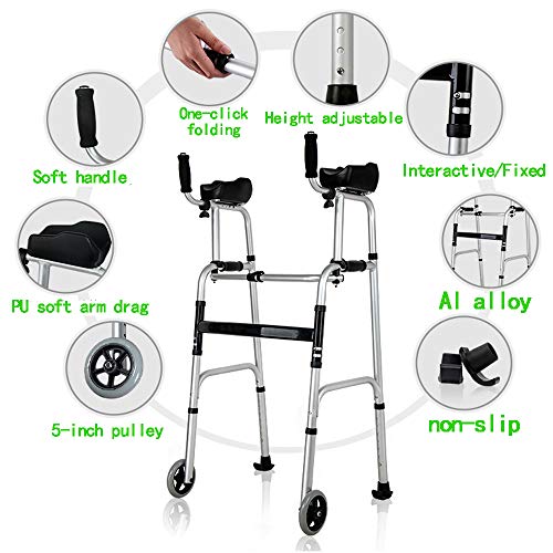 Standard Walkers FDA Certification Foldable Aluminum Alloy Adjustable Rolling Walker Assist Equipped Wheels Equipped with Arm Rest Pad Arm Drag for The Limited Mobility with Disabled