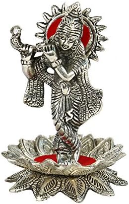 Indian Hindu Religious Figurine Lord Krishna On Lotus Statue White Metal Handcrafted Silver Showpiece