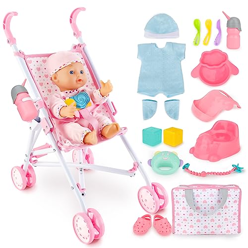 DeAO 17pcs Baby Stroller Toys with 33 cm Dolls Bag 2 Clothes for Dolls | Dolls Trolley with Quiet Wheels, Lightweight and Stable, Role Play for Children with Feeding and Baby Bottles for Dolls