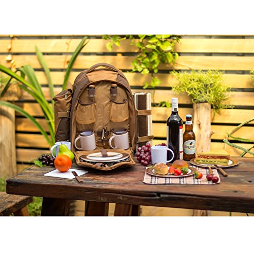 TAWA Picnic Backpack Bag for 4 Person With Cooler Compartment, Detachable Bottle/Wine Holder, Fleece Blanket, Plates and Cutlery (Coffee)