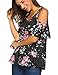 Sherosa Women's Floral Print Cut Out Shoulder Short Sleeve T Shirt Tops Blouse (XL, Black)