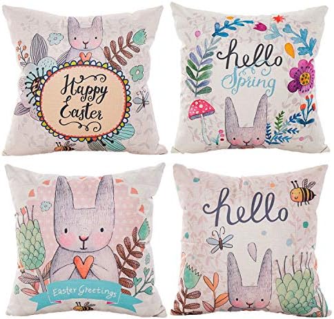 Easter Rabbit Throw Pillow Cover 18 x 18 Inches Set of 4 - Easter Bunny Series Cushion Cover Case Pillow Custom Zippered Square Pillowcase (8 Easter)