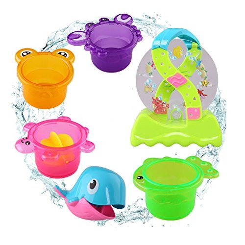 Bath Toy Baby Bath Toy Set Bathtime Fun with Stackable Cups Animals Waterwheel 6 Pieces Cute Educational Toys for Kids Girls Boys,Random Color
