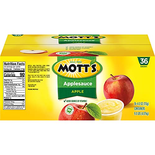 MOTT’S APPLESAUCE, 4 OZ CUPS, 36 COUNT, NO ARTIFICIAL FLAVORS, GOOD SOURCE OF VITAMIN C, NUTRITIOUS OPTION FOR THE WHOLE FAMILY