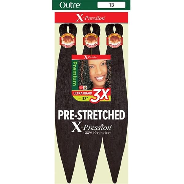 Outre X-Pression Pre-Stretched 6X Ultra Braid – 1B Off Black, 52 Zöpfe, Vorgedehnt, Ultraleicht