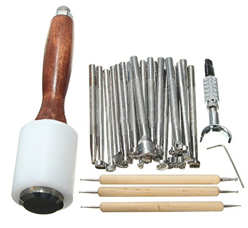 xlpace Leathercraft Tools Wooden Steel Leather Carved Hammer Printing Tool Sewing Handmade Kit DIY Accessories 25Pcs