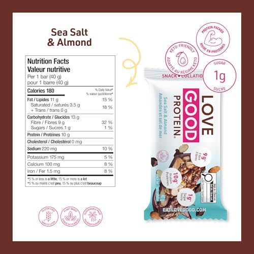 Love Good Protein Bars | Plant-Based Keto Bars | Low Sugar, Low Carb & Gluten Free | Chewy Nutty Dark Chocolate Sea Salt & Almonds - 12 Pack