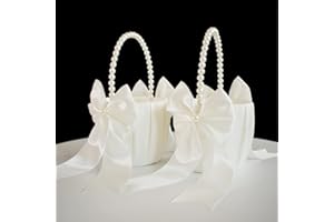 ATAILOVE Flower Girl Basket with Pearl Handle, Ivory Fariy Wedding Baskets for Flower Girls, Set of 2