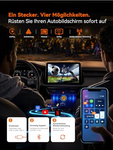 4-in-1 Wireless CarPlay Adapter for Apple CarPlay & Android Car, AirPlay & MirrorLink Screen Mirroring, Wired to Wireless Car Play Adapter, 5.8GHz WiFi Bluetooth 5.4, Plug & Play, USB-A/C, Orange