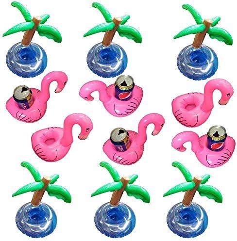 12 Pcs Inflatable Pink Flamingo Coasters Palm Trees Cup Drink Holder Swimming Pool Float For Drinks