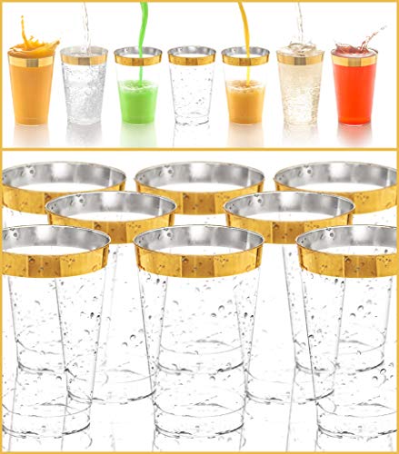 110 Elegant Gold Rimmed Clear Plastic Cups - 12 oz Disposable Plastic Tumblers - Hard Solo Cups for Wedding, Party or Any Special Event - Party Cups - Recyclable Party Glasses for Drinks - Punch Cups