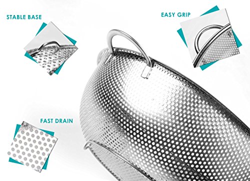 Stainless Steel Colanders By Teja’s-Kitchen Strainer Basket With Heavy Duty Handles-Pasta Noodles Drains/Dishwasher Safe