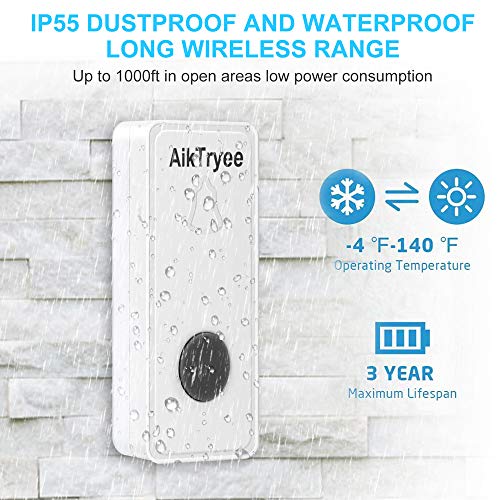 Wireless Doorbell, Wireless Door Bell Chime Kit with LED Light, Easy Install, Over 1000-feet Range, 58 Chimes, by AikTryee (Classic White)
