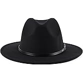 Classic Unisex Wool Blend Fedora Hat with Belt Buckle Brim Flat Church Derby Cap Wide Brim Classic Pork Pie Hat